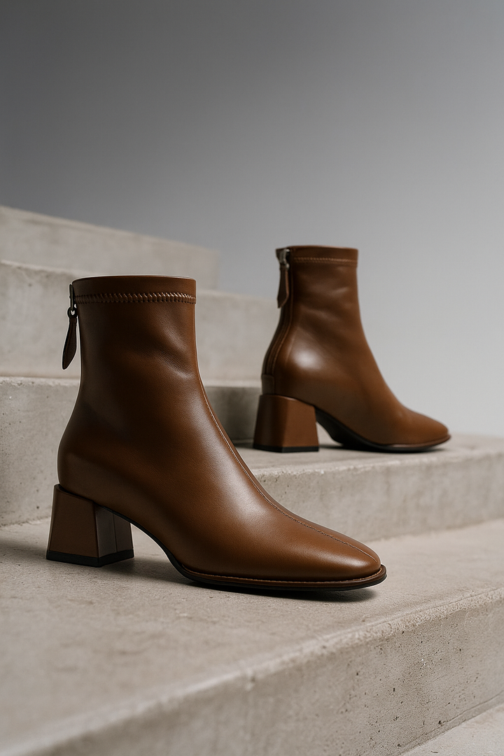 Leather Ankle Boots with Block Heel, Square Toe, and Back Zip Closure in Ivory