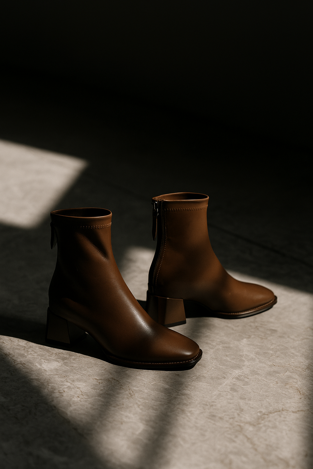 Leather Ankle Boots with Block Heel, Square Toe, and Back Zip Closure in Ivory
