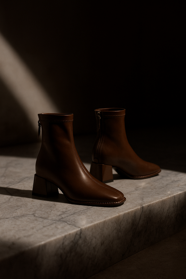 Leather Ankle Boots with Block Heel, Square Toe, and Back Zip Closure in Ivory