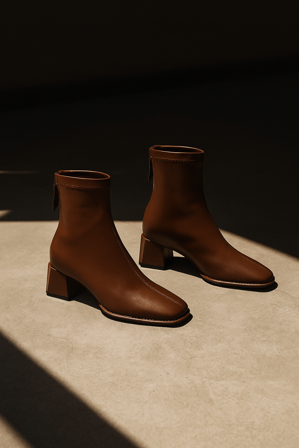 Leather Ankle Boots with Block Heel, Square Toe, and Back Zip Closure in Ivory