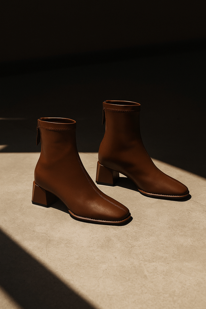 Leather Ankle Boots with Block Heel, Square Toe, and Back Zip Closure in Ivory
