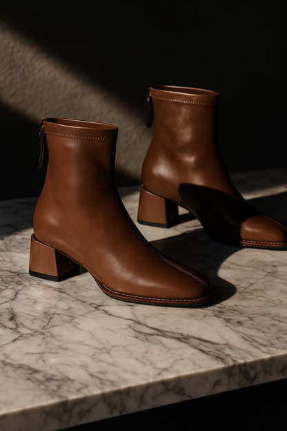 Leather Ankle Boots with Block Heel, Square Toe, and Back Zip Closure in Ivory