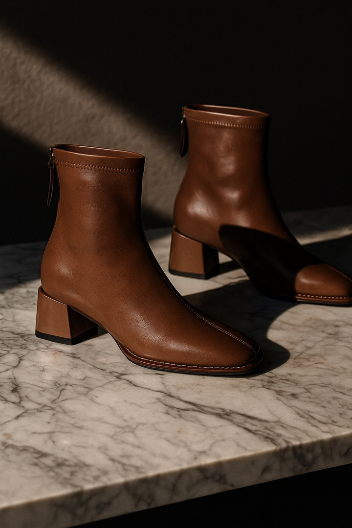 Leather Ankle Boots with Block Heel, Square Toe, and Back Zip Closure in Ivory