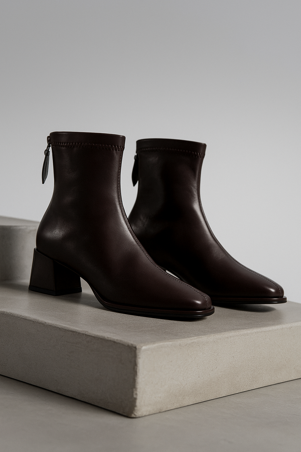 Leather Ankle Boots with Block Heel, Square Toe, and Back Zip Closure in Ivory