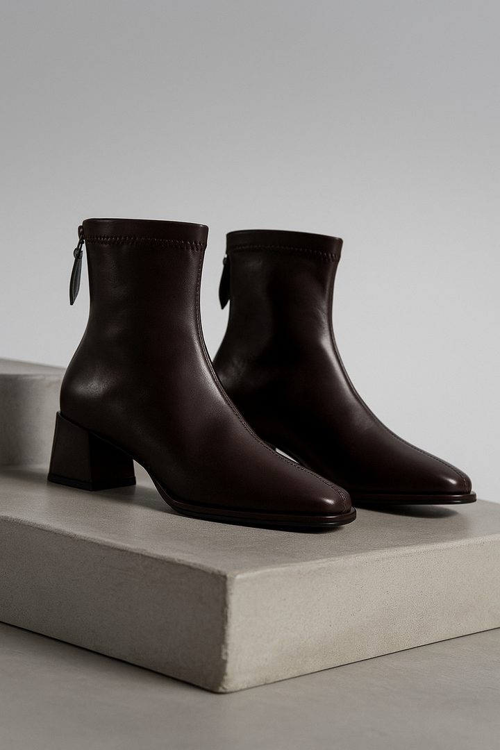 Leather Ankle Boots with Block Heel, Square Toe, and Back Zip Closure in Ivory