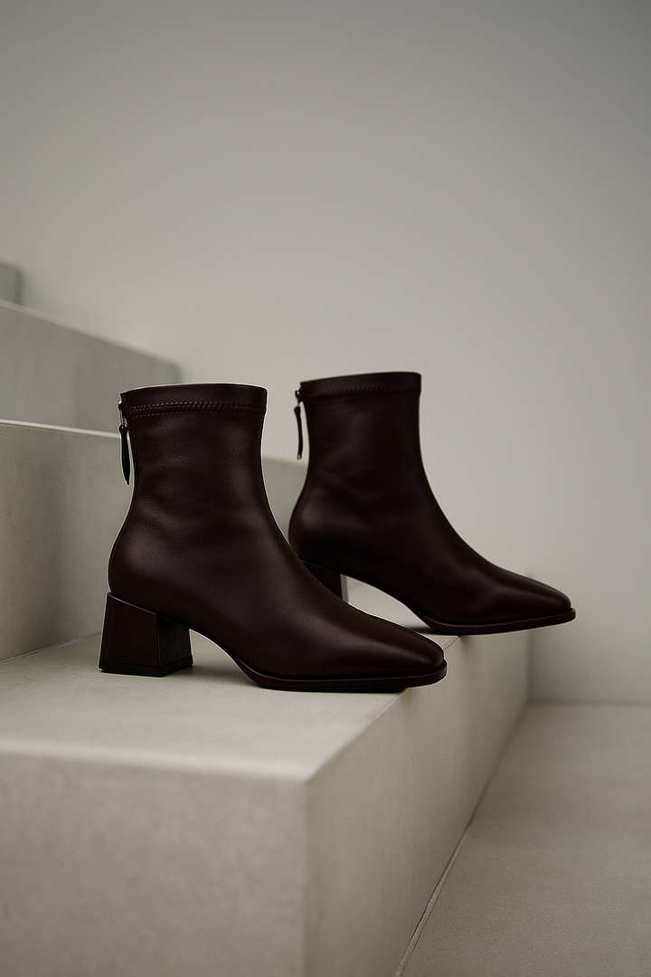 Leather Ankle Boots with Block Heel, Square Toe, and Back Zip Closure in Ivory