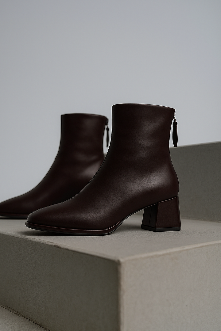 Leather Ankle Boots with Block Heel, Square Toe, and Back Zip Closure in Ivory