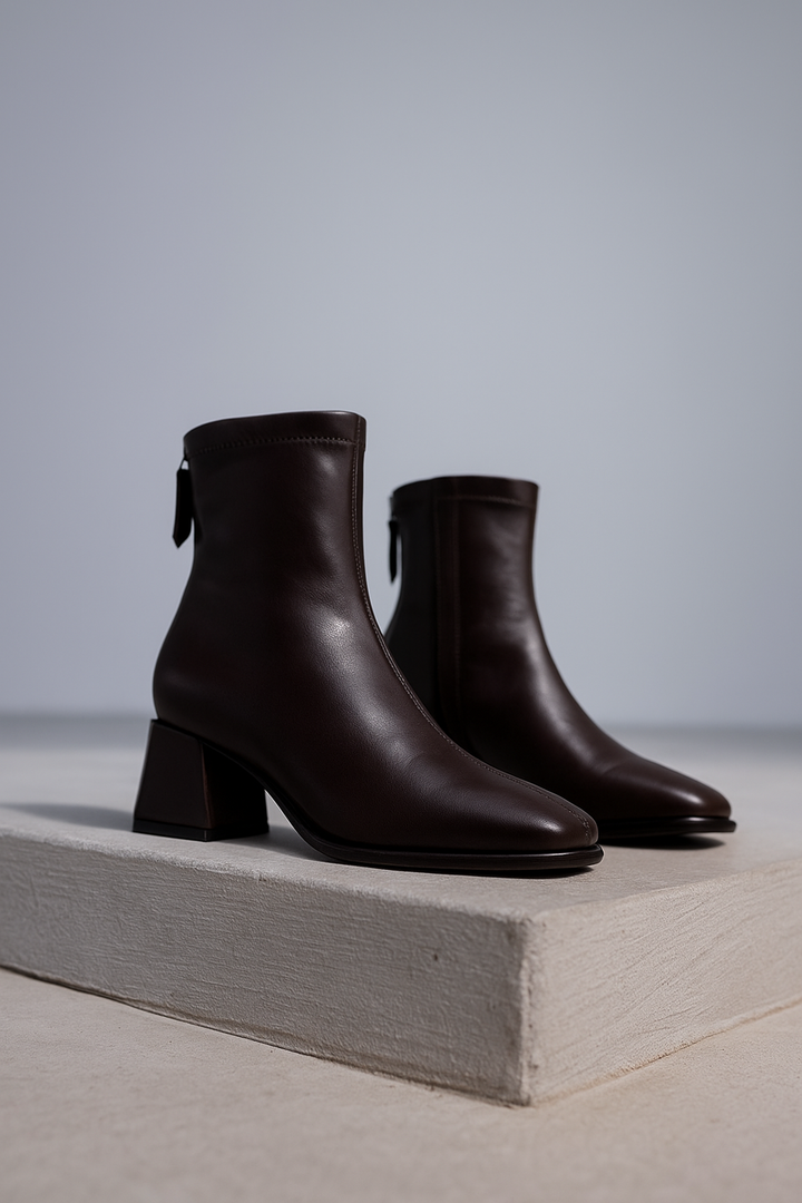Leather Ankle Boots with Block Heel, Square Toe, and Back Zip Closure in Ivory