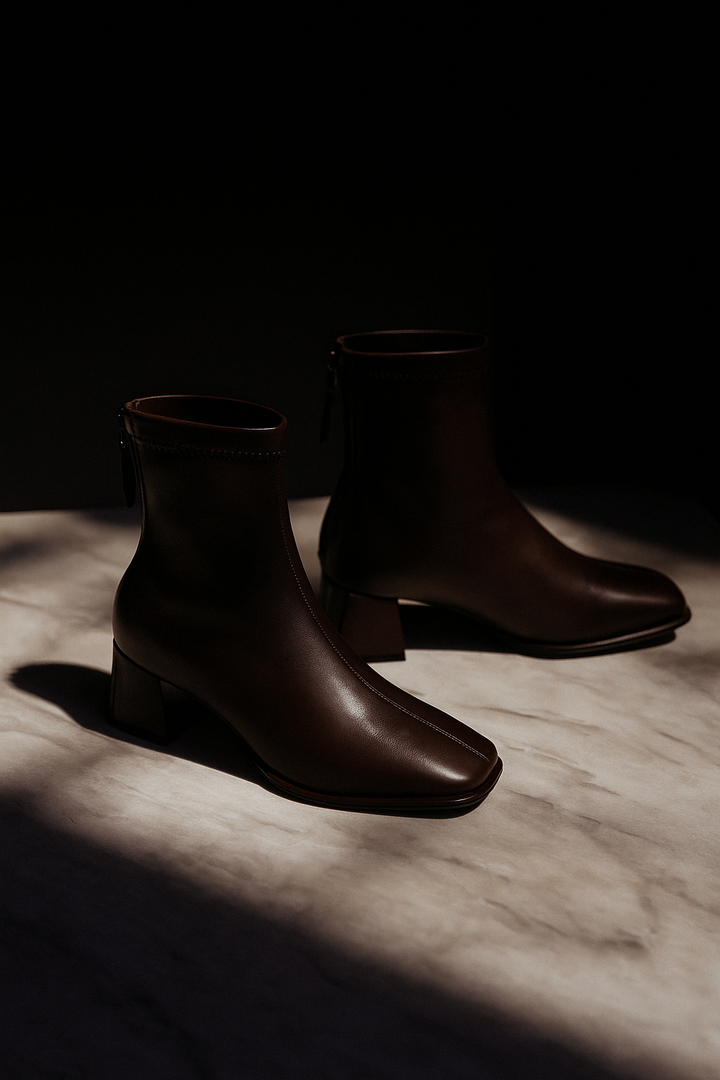 Leather Ankle Boots with Block Heel, Square Toe, and Back Zip Closure in Ivory
