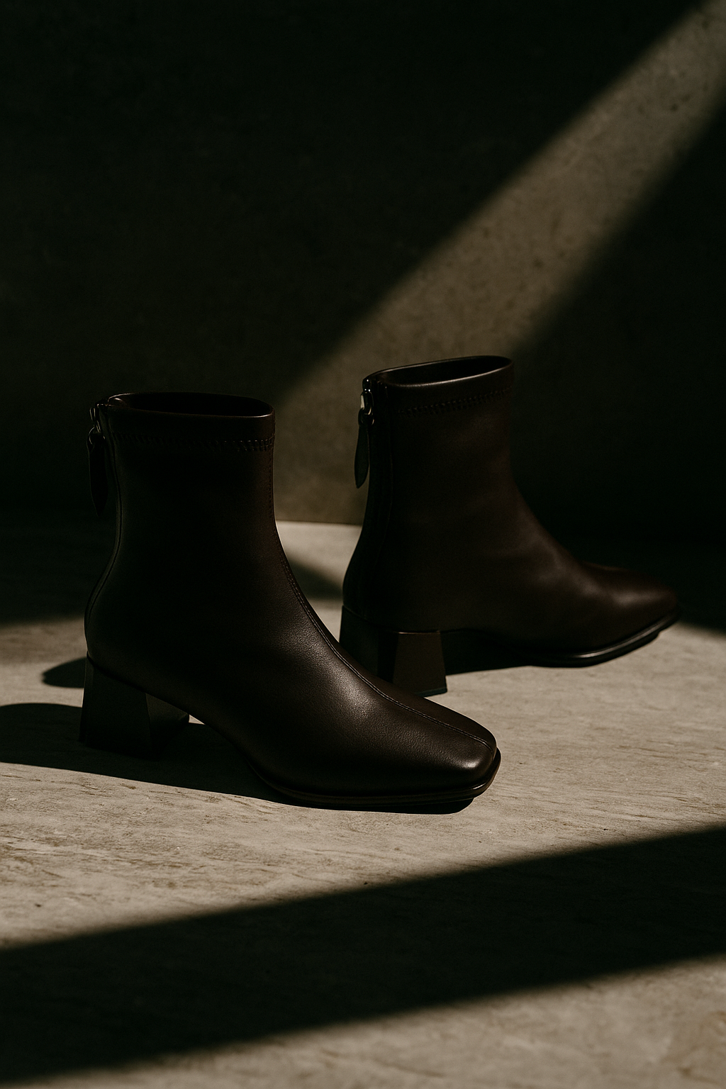 Leather Ankle Boots with Block Heel, Square Toe, and Back Zip Closure in Ivory