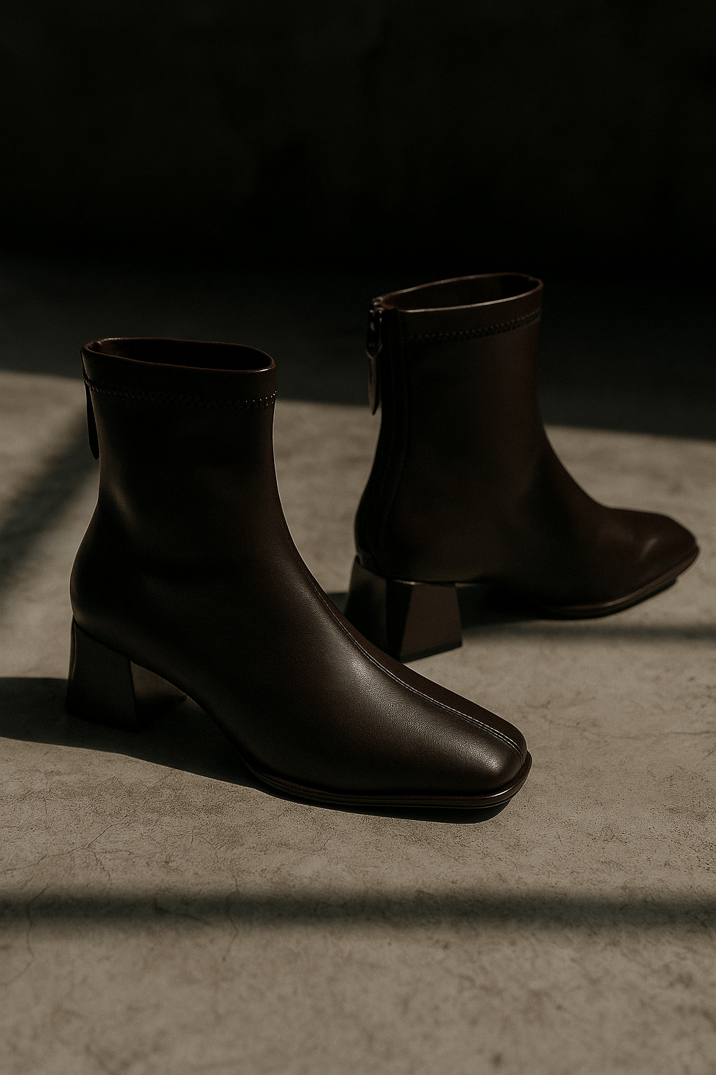 Leather Ankle Boots with Block Heel, Square Toe, and Back Zip Closure in Ivory