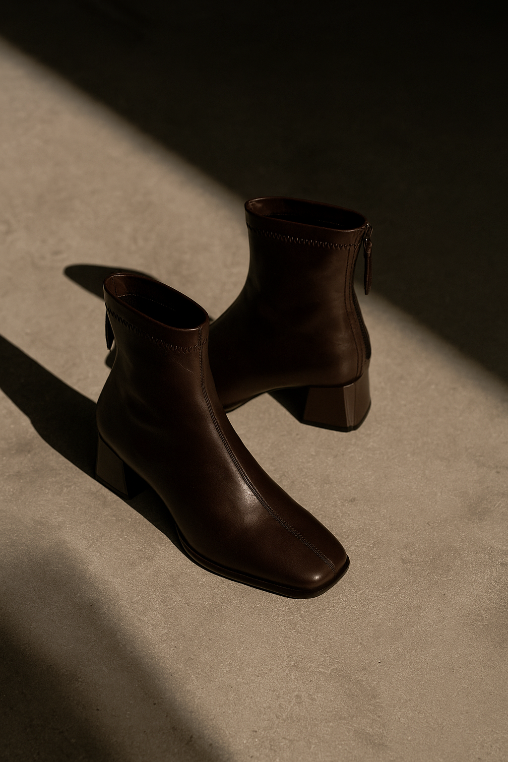 Leather Ankle Boots with Block Heel, Square Toe, and Back Zip Closure in Ivory
