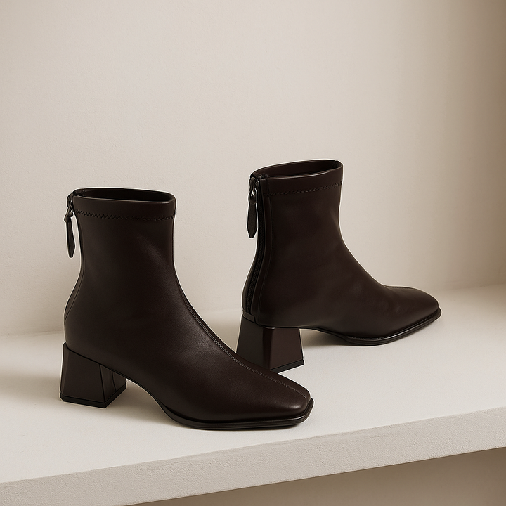 Leather Ankle Boots with Block Heel, Square Toe, and Back Zip Closure in Ivory