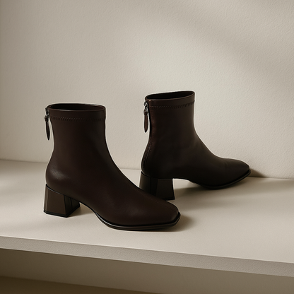 Leather Ankle Boots with Block Heel, Square Toe, and Back Zip Closure in Ivory