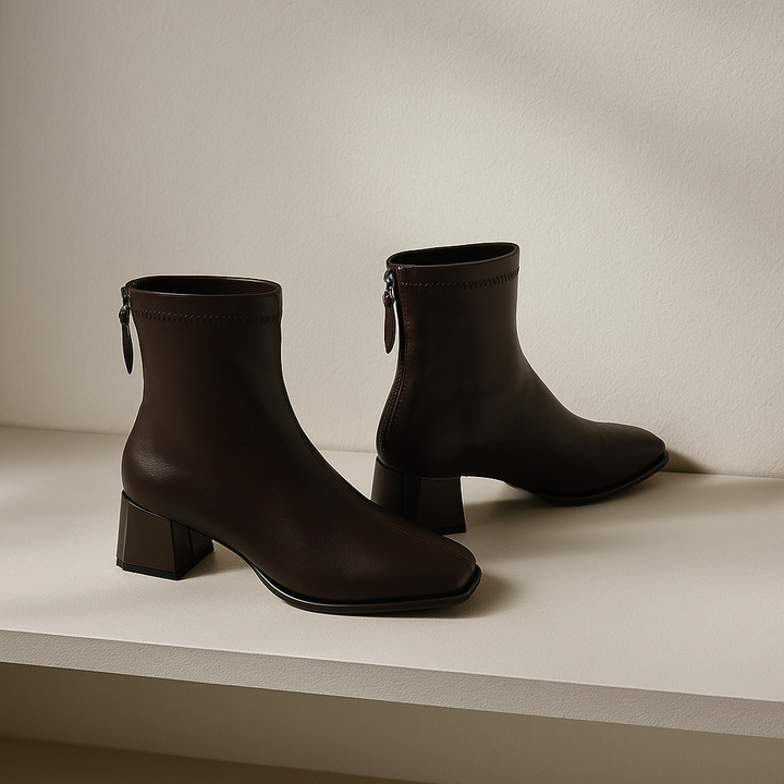 Leather Ankle Boots with Block Heel, Square Toe, and Back Zip Closure in Ivory