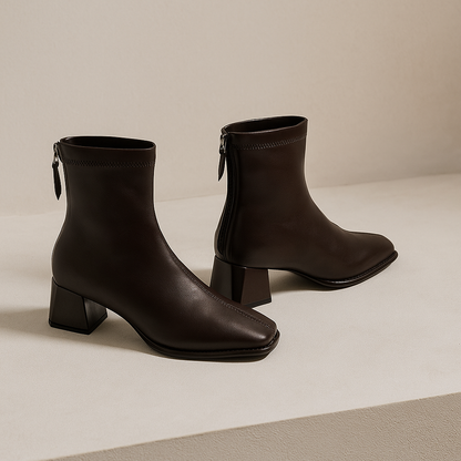 Leather Ankle Boots with Block Heel, Square Toe, and Back Zip Closure in Ivory