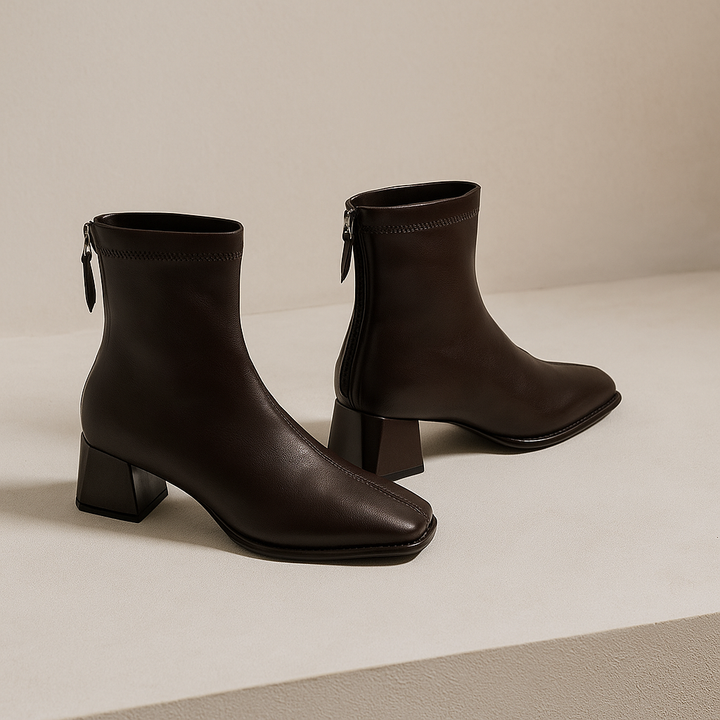 Leather Ankle Boots with Block Heel, Square Toe, and Back Zip Closure in Ivory