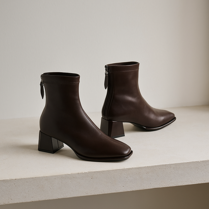 Leather Ankle Boots with Block Heel, Square Toe, and Back Zip Closure in Ivory