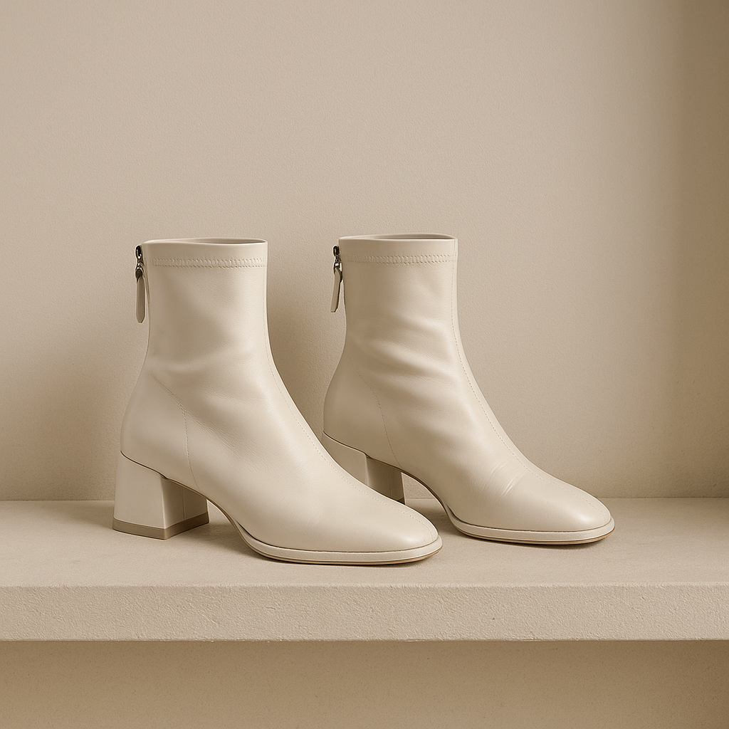 Leather Ankle Boots with Block Heel, Square Toe, and Back Zip Closure in Ivory