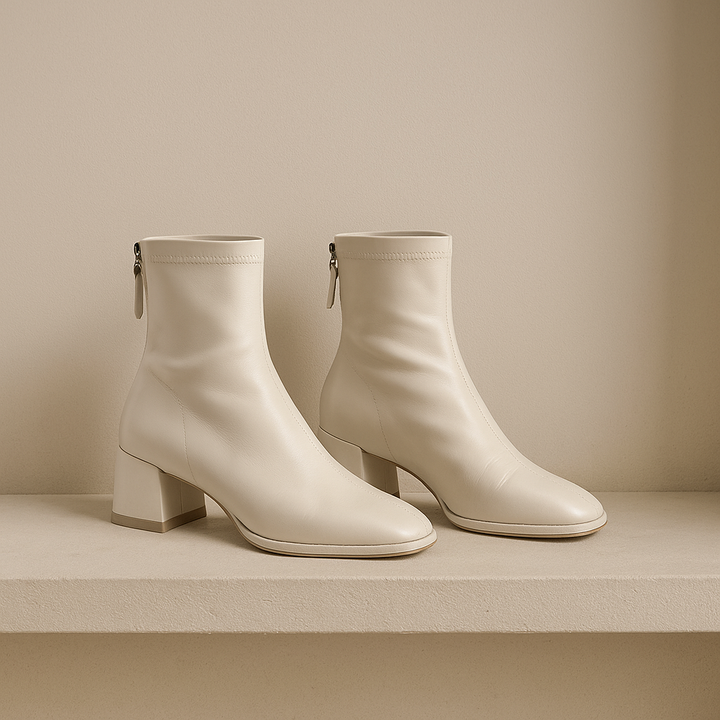 Leather Ankle Boots with Block Heel, Square Toe, and Back Zip Closure in Ivory