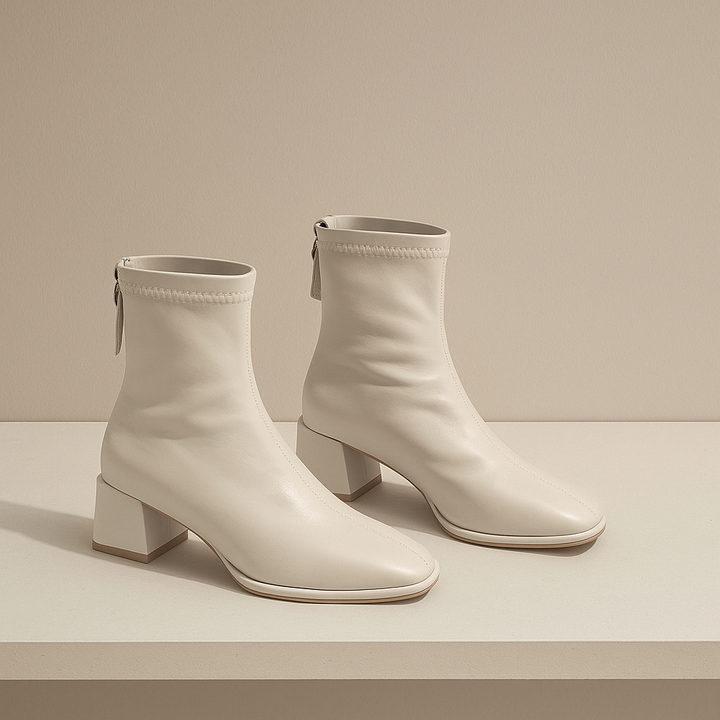 Leather Ankle Boots with Block Heel, Square Toe, and Back Zip Closure in Ivory