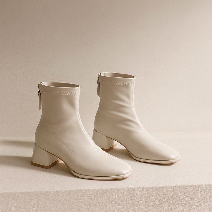 Leather Ankle Boots with Block Heel, Square Toe, and Back Zip Closure in Ivory