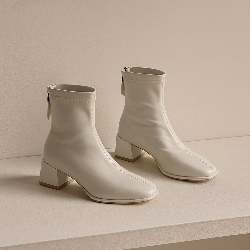 Leather Ankle Boots with Block Heel, Square Toe, and Back Zip Closure in Ivory