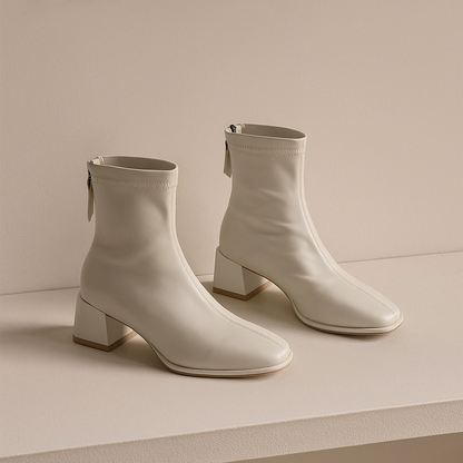 Leather Ankle Boots with Block Heel, Square Toe, and Back Zip Closure in Ivory