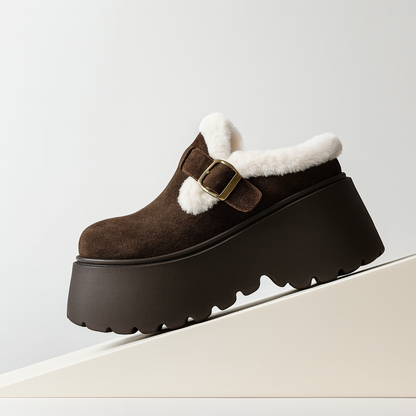 Suede Platform Clogs with Shearling Lining, Adjustable Buckle Strap and Cushioned Sole