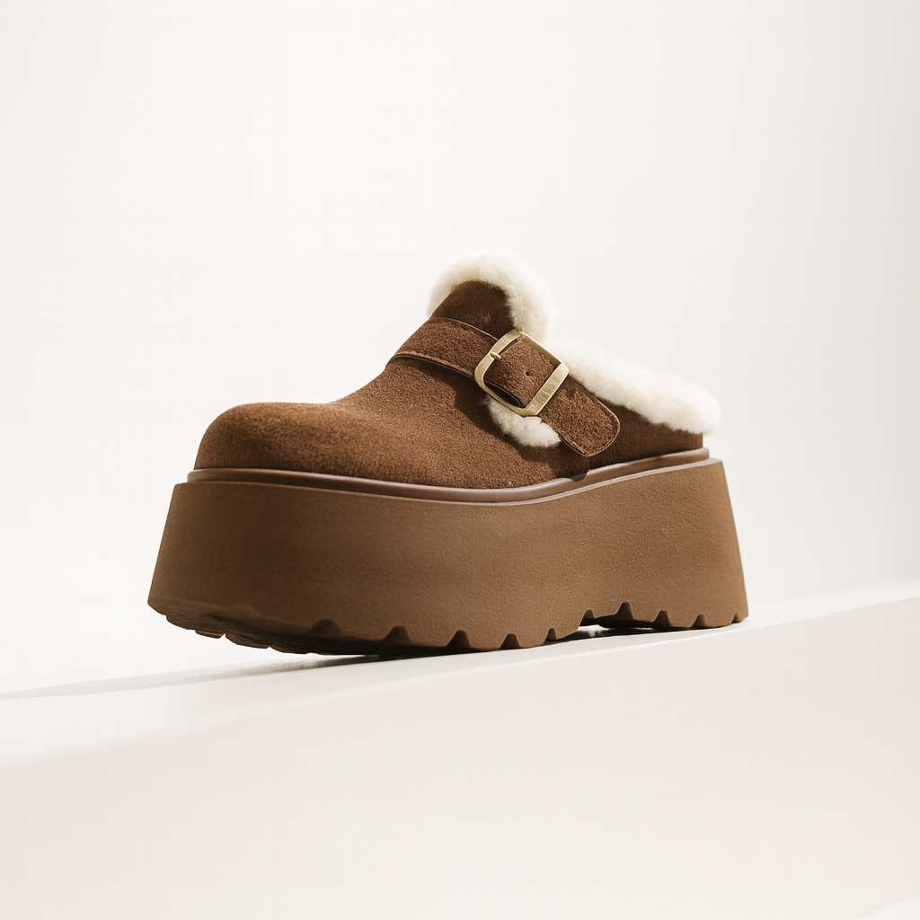 Suede Platform Clogs with Shearling Lining, Adjustable Buckle Strap and Cushioned Sole