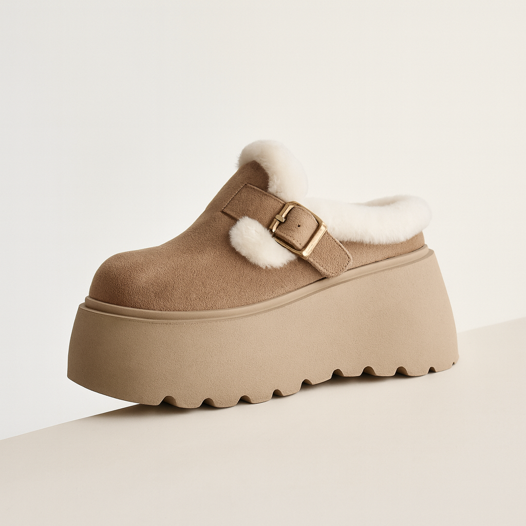 Suede Platform Clogs with Shearling Lining, Adjustable Buckle Strap and Cushioned Sole