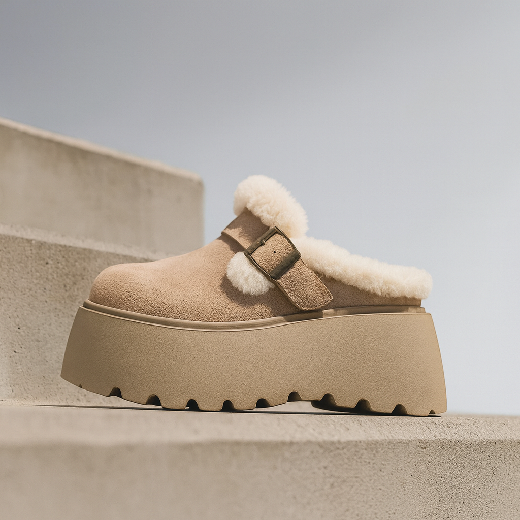 Suede Platform Clogs with Shearling Lining, Adjustable Buckle Strap and Cushioned Sole