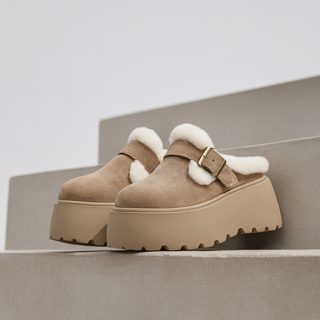 Suede Platform Clogs with Shearling Lining, Adjustable Buckle Strap and Cushioned Sole