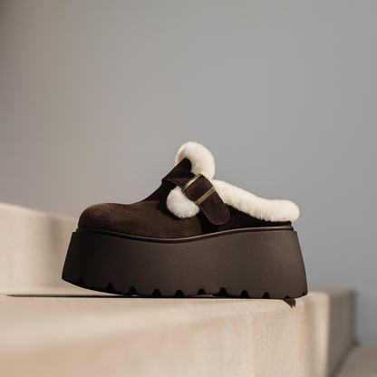 Suede Platform Clogs with Shearling Lining, Adjustable Buckle Strap and Cushioned Sole