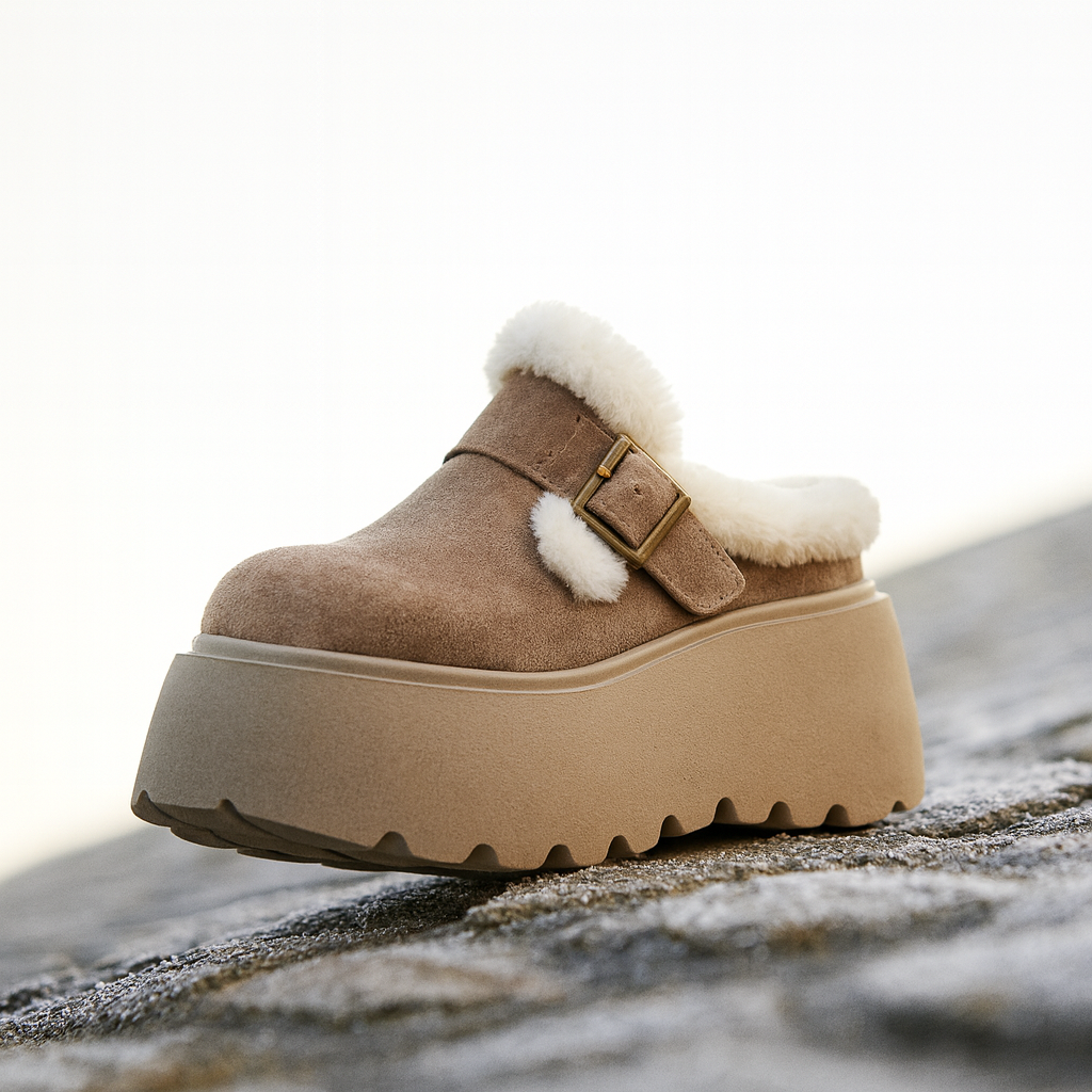 Suede Platform Clogs with Shearling Lining, Adjustable Buckle Strap and Cushioned Sole
