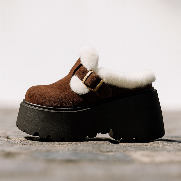 Suede Platform Clogs with Shearling Lining, Adjustable Buckle Strap and Cushioned Sole