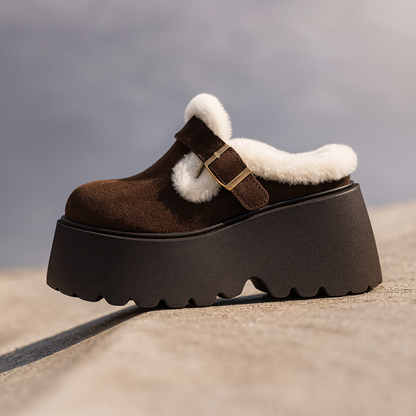 Suede Platform Clogs with Shearling Lining, Adjustable Buckle Strap and Cushioned Sole