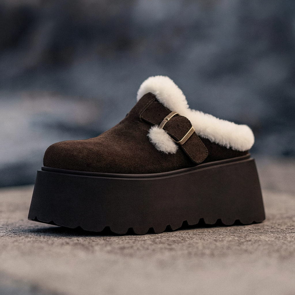 Suede Platform Clogs with Shearling Lining, Adjustable Buckle Strap and Cushioned Sole