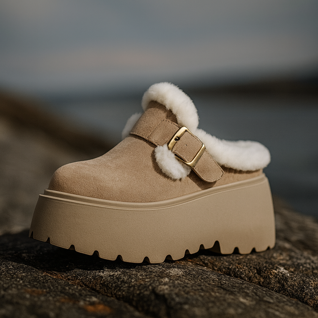 Suede Platform Clogs with Shearling Lining, Adjustable Buckle Strap and Cushioned Sole