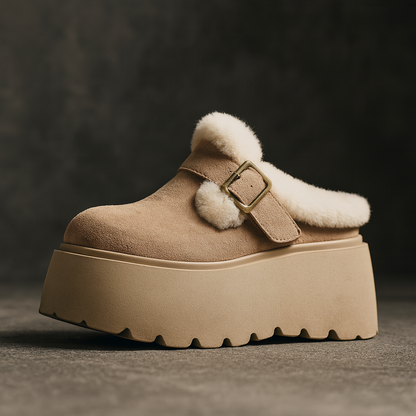 Suede Platform Clogs with Shearling Lining, Adjustable Buckle Strap and Cushioned Sole