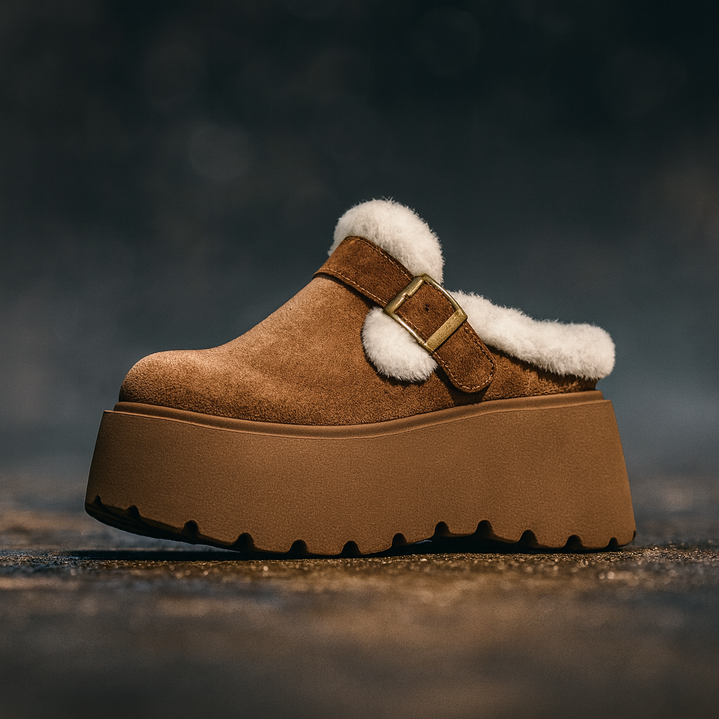 Suede Platform Clogs with Shearling Lining, Adjustable Buckle Strap and Cushioned Sole