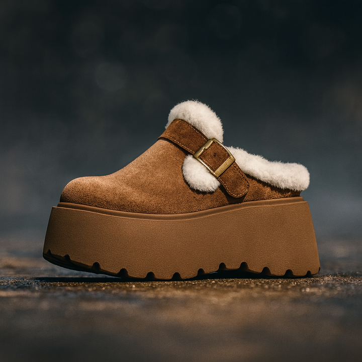 Suede Platform Clogs with Shearling Lining, Adjustable Buckle Strap and Cushioned Sole