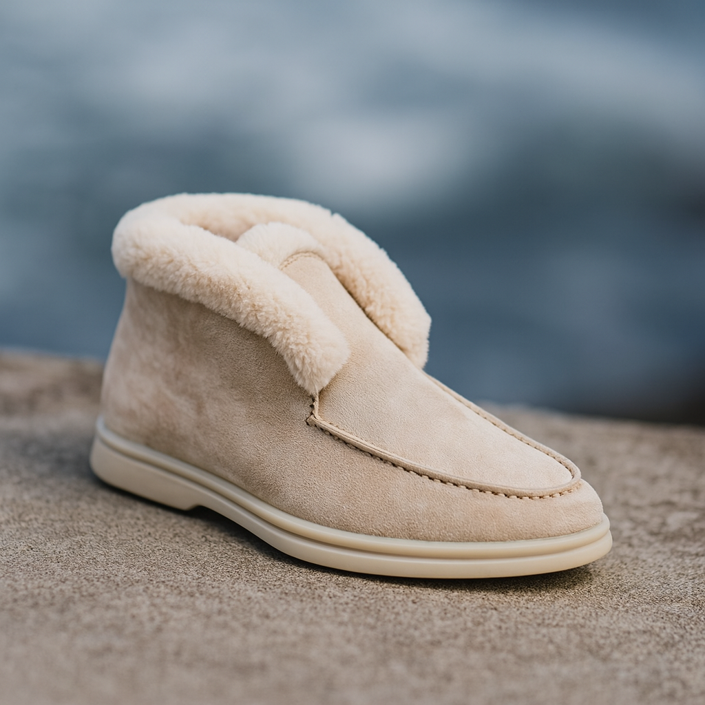 Suede Loafer Boots with Shearling Lining, Moc Toe Slip-On Design and Cushioned Sole