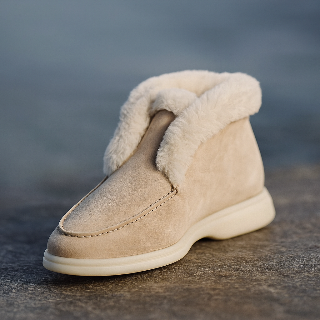 Suede Loafer Boots with Shearling Lining, Moc Toe Slip-On Design and Cushioned Sole