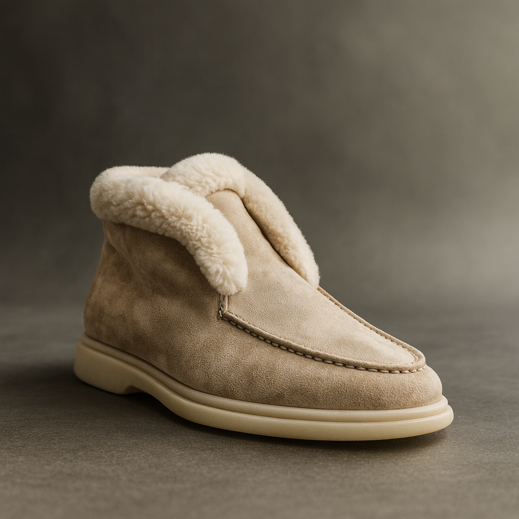 Suede Loafer Boots with Shearling Lining, Moc Toe Slip-On Design and Cushioned Sole