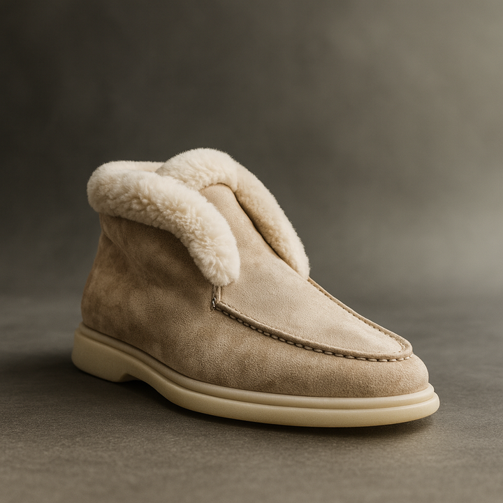 Suede Loafer Boots with Shearling Lining, Moc Toe Slip-On Design and Cushioned Sole