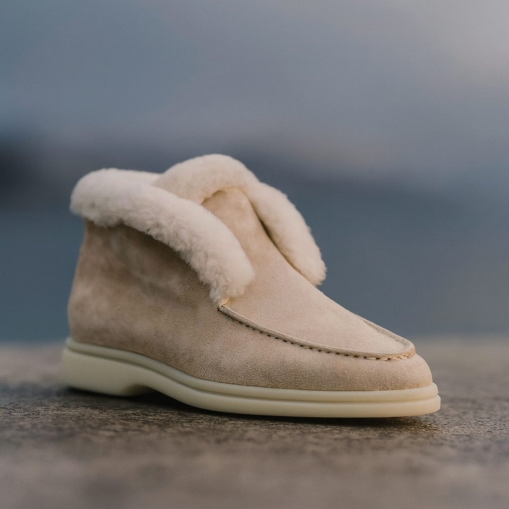 Suede Loafer Boots with Shearling Lining, Moc Toe Slip-On Design and Cushioned Sole
