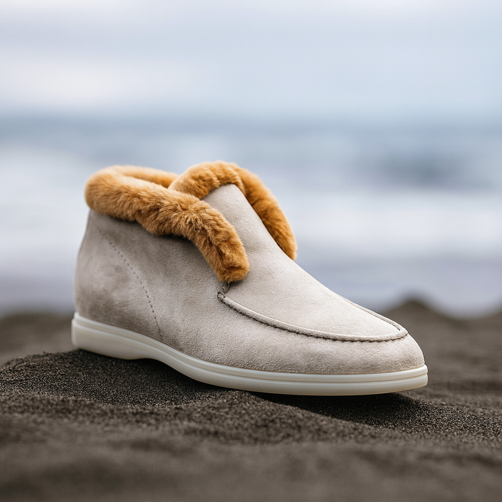 Suede Loafer Boots with Shearling Lining, Moc Toe Slip-On Design and Cushioned Sole