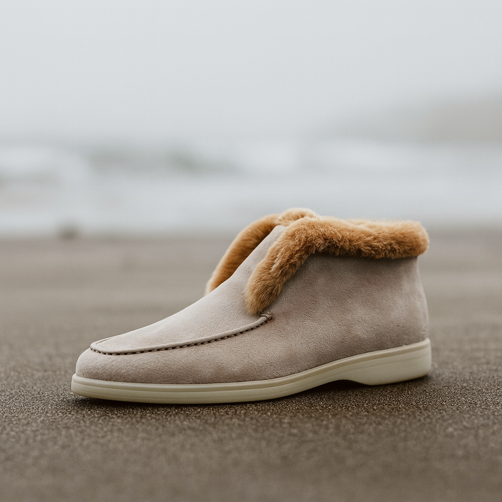 Suede Loafer Boots with Shearling Lining, Moc Toe Slip-On Design and Cushioned Sole