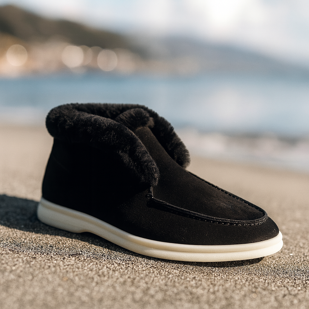 Suede Loafer Boots with Shearling Lining, Moc Toe Slip-On Design and Cushioned Sole